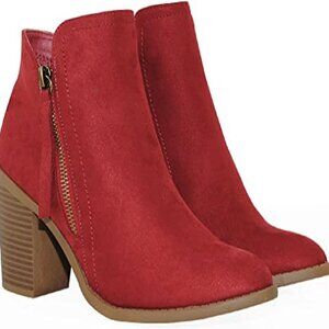 Stacked Chunky Heel Booties Rich Wine-Colored Suede Ankle Boots | Bold. Textured